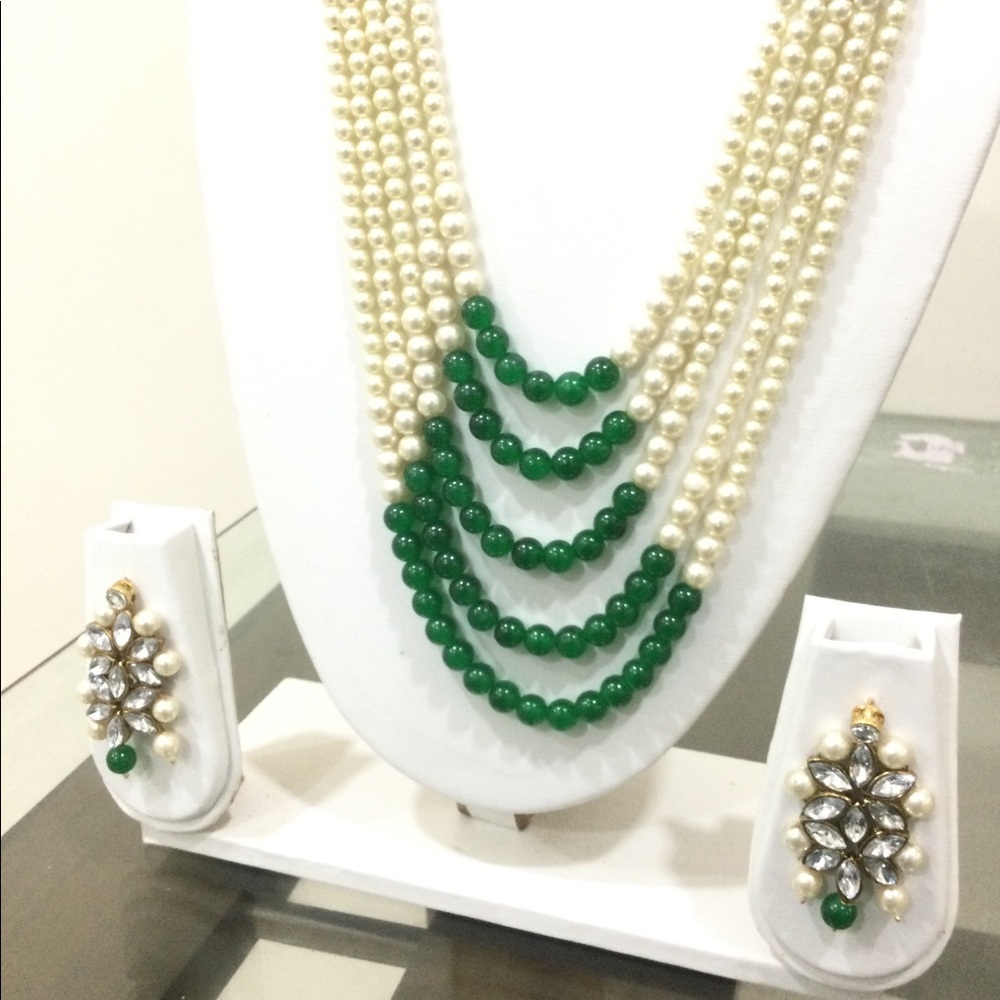 Green & white pearl pakistani bridal necklace set queen’s necklace - Picture 6 of 10